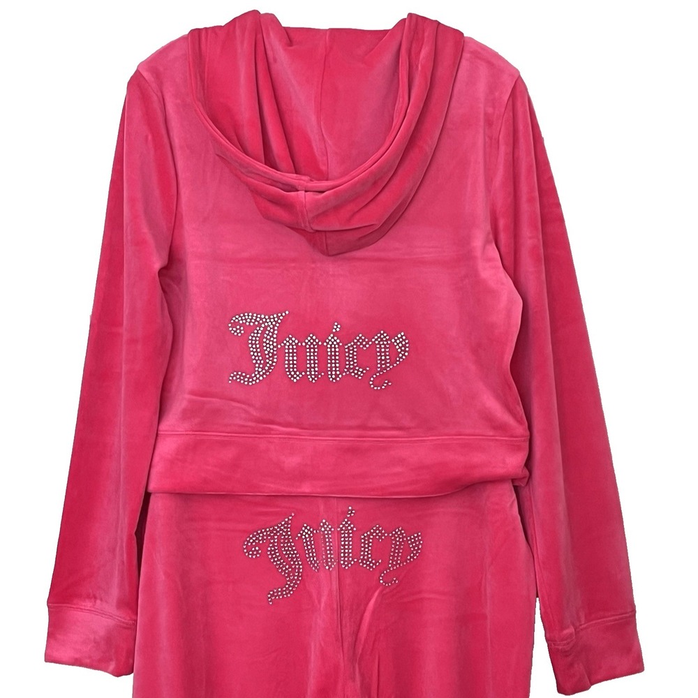 NWT Juicy Couture Womens Tracksuit Set L Pink Velour Bling Hoodie & Flare Pants